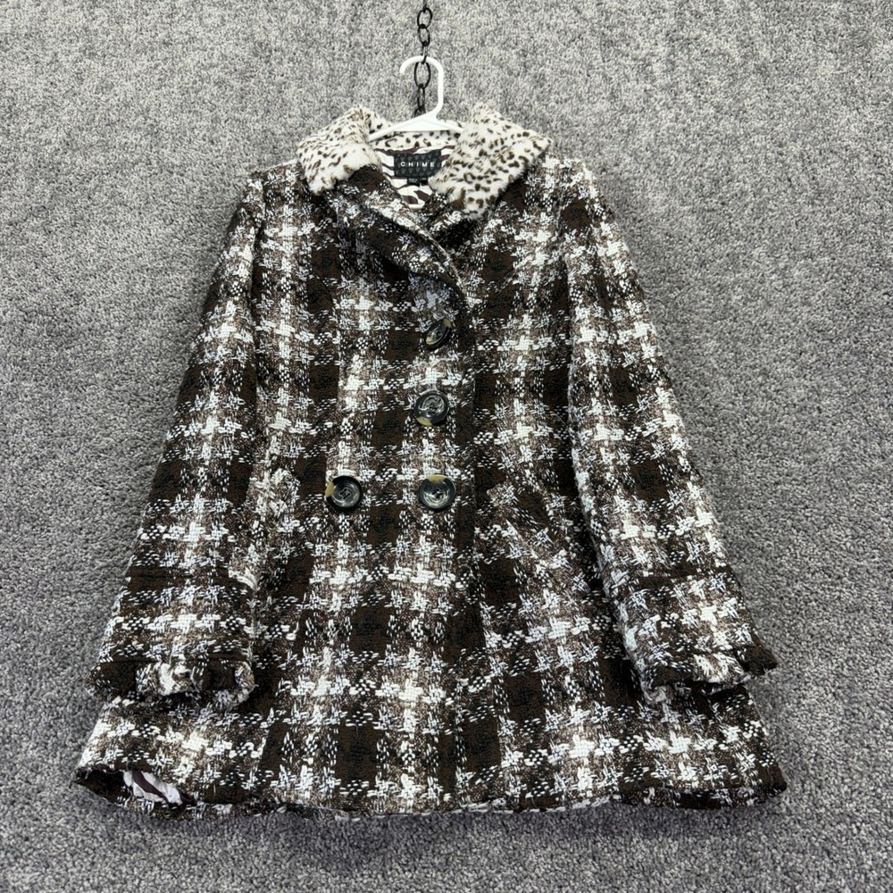 CHIME Jacket Womens M Brown Plaid Faux Fur Collar Peacoat Snagged Sleeve